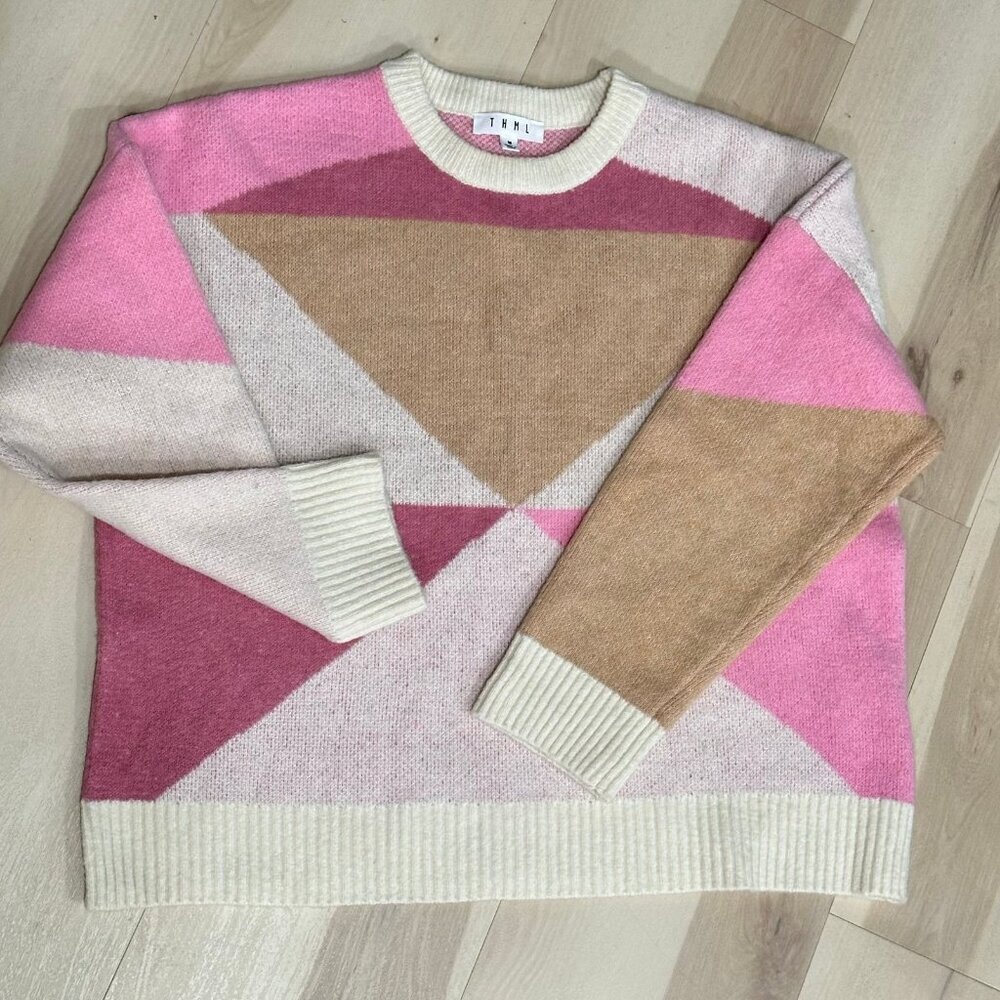 THML Pink, Cream & Tan Geometric Crewneck Sweater